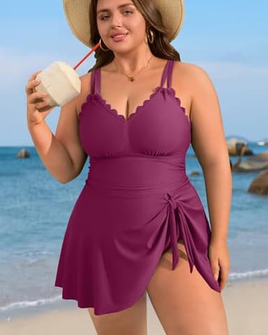 Charmo Plus Size Swimsuit for Women Swim Dress Scalloped One Piece Tummy Control Bathing Suit Ruched Swim Suits 2025 Fuchsia 2X - Image 8