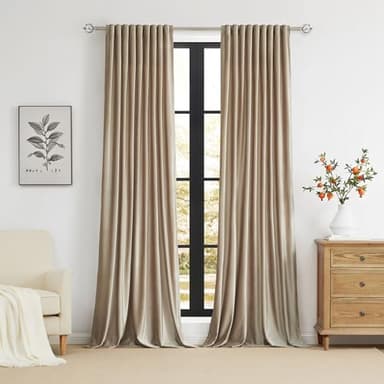 100% Full Blackout Champagne Beige Velvet Curtains 108 inch Long for Living Room,Set of 2 Liner Rod Pocket Back Tab Thermal Window Curtains Room Darkening Heavy Decorative Curtains Drapes for Bedroom - Image 3