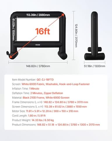 VEVOR 16FT Inflatable Movie Screen Outdoor, Inflatable Projector Screen with Portable Storage Bag, 16:9 Easy Set Up Movie Projection for Outdoor Backyard, Home Theater, Theme Party - Image 7