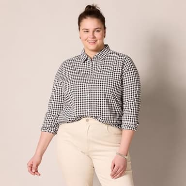 Amazon Essentials Women's Regular-Fit Long-Sleeve Button-Down Poplin Shirt, Black White Gingham, Large - Image 7
