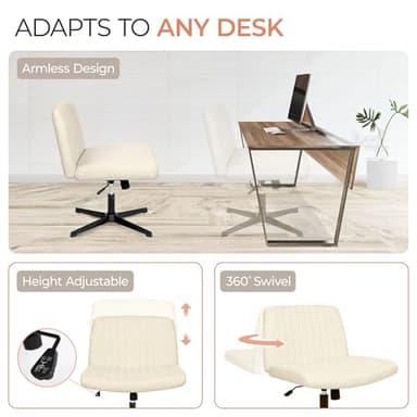 Orange Factory Criss Cross Chair No Wheel Wide Cross Legged Office Desk Vanity Chair Comfy Fabric Armless Adjustable Swivel for Home Computer Task (Beige) - Image 7