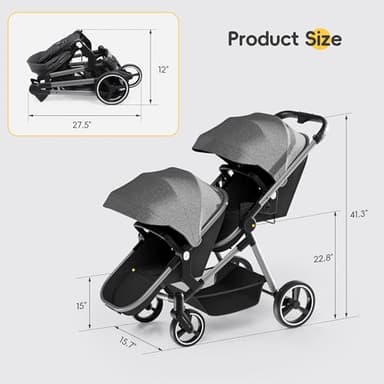 MU Double Stroller, Foldable Twin Tandem Stroller with Adjustable Backrest, Reversible Seat, 5-Point Harness, Storage Basket, Convertible Baby Bassinet for Infant and Toddler, Gray - Image 8