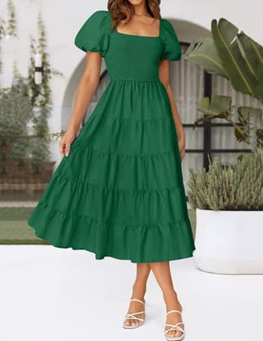 ZESICA Women's 2025 Summer Square Neck Short Puff Sleeve Solid Color High Waist Casual Smocked Flowy A Line Tiered Midi Dress,ForestGreen,X-Large - Image 2