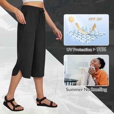 baleaf Women's Hiking Pants Capri Wide Leg Lightweight Pants Plus Size UPF50+ Quick Dry Casual Sweatpants Walking Black L - Image 3