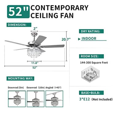 YITAHOME Chandelier Ceiling Fan with Remote, 52 Inch Crystal Fan Light, Indoor Fan Ceiling with 3 Speed, Silent Reversible Motor, Dual-Sided Blades, Timer, Balance Kit - Chrome - Image 6