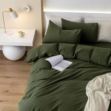 JIYUAN 100% Washed Cotton Duvet Cover Set 3 Pieces Queen, 1 Duvet Cover 90x90 Inches(Comforter Not Included) and 2 Pillowcases,Linen Feel Bedding Set Comfy and Breathable,Olive Green - Image 2
