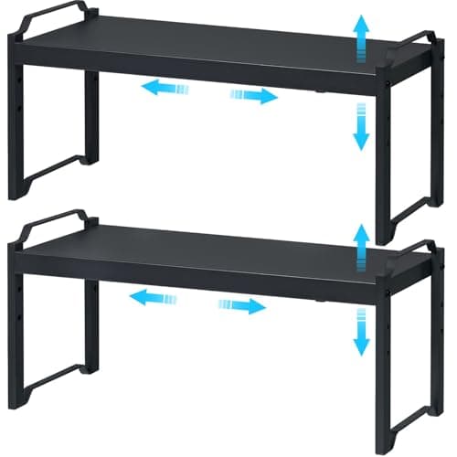 25.5 Inches 2 Pack Expandable Cabinet Shelves, Stackable Shelf Organizer for Kitchen Cabinet Countertop Storage, Adjustable Counter Cupboard Pantry Organizer Shelf Rack Stand Riser, Black - Image 1