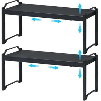 25.5 Inches 2 Pack Expandable Cabinet Shelves, Stackable Shelf Organizer for Kitchen Cabinet Countertop Storage, Adjustable Counter Cupboard Pantry Organizer Shelf Rack Stand Riser, Black - Image 1