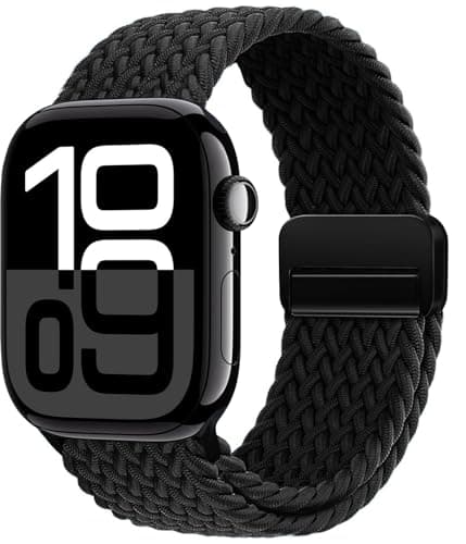 OMECKY Magnetic Braided Loop Band Compatible with Apple Watch Series 11 10 46mm 9 8 7 6 5 4 42mm 44mm 45mm 49mm for Women Men, Stretchy Nylon Elastic Sport Strap for iWatch SE/Ultra 1/2/3, Black - Image 1