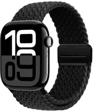 OMECKY Magnetic Braided Loop Band Compatible with Apple Watch Series 11 10 46mm 9 8 7 6 5 4 42mm 44mm 45mm 49mm for Women Men, Stretchy Nylon Elastic Sport Strap for iWatch SE/Ultra 1/2/3, Black - Image 1