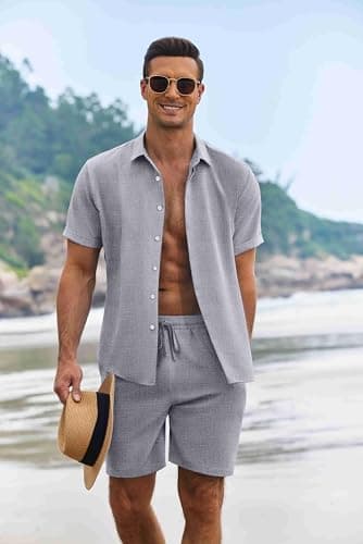 COOFANDY Mens Short Sets 2 piece Outfits Linen Shorts Set for Men Cruise Wear, Dark Blue Grey, XX-Large - Image 2