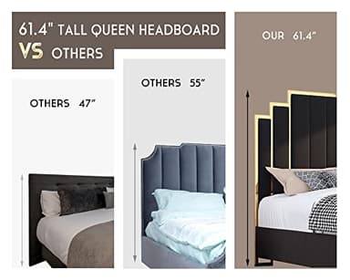 HOWE Queen Size Bed Frame and 61" Headboard, Upholstered Bed with Golden Plating Trim, Modern Platform Bed No Box Spring Needed, Black - Image 5