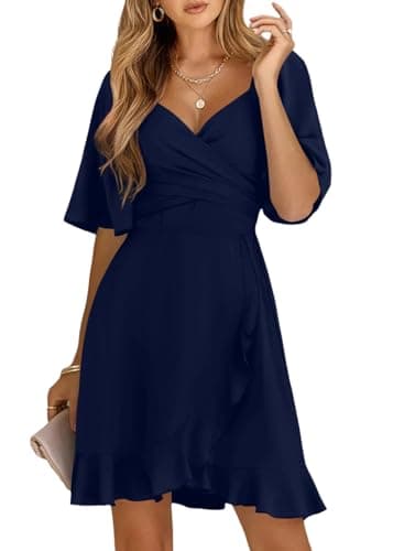 Dokotoo Womens Navy Blue Dresses Summer Wrap V Neck Short Sleeve Smocked Elastic Waist Tiered Belted Ruffle Hem Mini Dress Sexy Holiday Dresses for Women Graduation Dress L - Image 1
