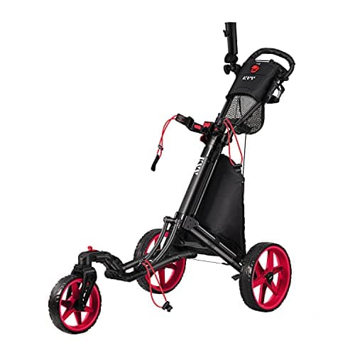 KVV 3 Wheel 360 Rotating Front Wheel Foldable/Collapsible Golf Push Cart with Foot Brake Open and Close in ONE Second-Free Umbrella Holder Included(Black/Red) - Image 1
