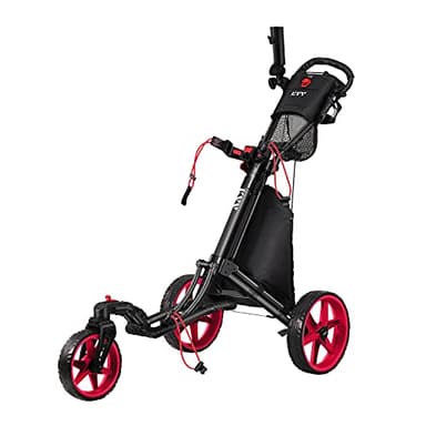 KVV 3 Wheel 360 Rotating Front Wheel Foldable/Collapsible Golf Push Cart with Foot Brake Open and Close in ONE Second-Free Umbrella Holder Included(Black/Red) - Image 1