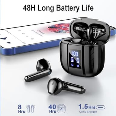 Wireless Earbuds, Bluetooth 5.4 Headphones, 48H, Stereo Ear Buds, LED Display Earphones with Mic, IP7 Waterproof In EarBud, Comfort Fit, Bluetooth Earbuds for Phone Android iOS, Sport, Walk, Black - Image 4