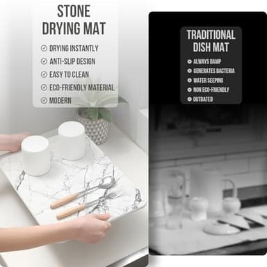 KARRAHOME Stone Dish Drying Mat for Kitchen Counter,Instant Dry Diatomaceous Earth Mat Dishes, Stone Dish Fast Drying Mat Board White Marble 15.8 x 11.8 inch - Image 3
