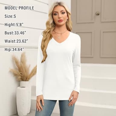 Elesomo Women's Long Sleeve Tshirts V Neck Casual Tops Cotton Tee Shirt, White XXL - Image 2