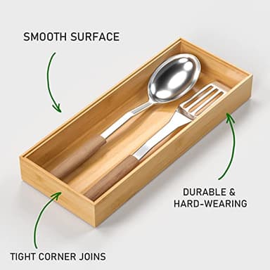 VeyFey Bamboo Drawer Organizer, Stackable Utensil Organizer for Kitchen, Bamboo Storage Box Wood Silverware Tray for Drawer 15" x 6" x 2" Set of 2 - Image 4