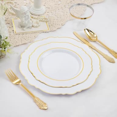 Liacere 350PCS Gold Plastic Plates-Disposable White and Gold Plates 50guest Baroque Plastic Dinnerware include 100Plates, 50Pack Pre Rolled Napkins with Silverware 50Cups for Wedding&Fall Decor - Image 6