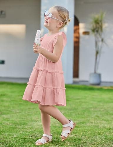 Arshiner Toddler Girls Pink Dress Ruffle Sleeveless Tiered Swing Twirly Dresses Cute Summer Beach Sundress Size 5 - Image 4