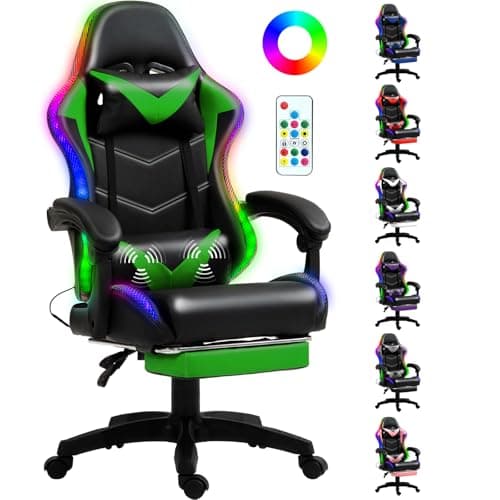 Czlolo Gaming Chair, Racing Style RGB LED Lights Gaming Chairs for Adults and Kids, Lumbar Massager Gamer Chair, High Back Reclining Computer Chair with Footrest and Headrest (Black/Green) - Image 1