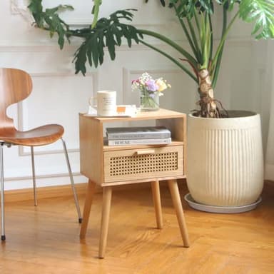 MaxSmeo Bedside Table, Small Nightstand with Charging Station, Rattan Side Table Wood End Table for Living Room, Bedroom and Small Spaces, Mid Century Modern Nightstand, Easy Assembly (Natural) - Image 8