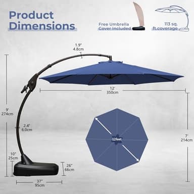 Grand patio 12FT Outdoor Round Offset Umbrella Large Patio Aluminum Cantilever Umbrella with Base & Cover (Navy Blue, 12 FT) - Image 4