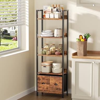 Furologee 5-Tier Bookshelf, Tall Bookcase with 2 Storage Drawers, Adjustable Industrial Display Standing Shelf Units, Wood and Metal Storage Rack for Living Room, Bedroom, Home Office Rustic Brown - Image 9