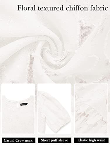 MEROKEETY Women's 2025 Summer Puff Sleeve Smocked Floral Dress Crewneck Lace Flowy Tiered Midi Dresses,White,M - Image 5