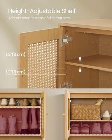 VASAGLE Natural Rattan 3-Tier Shoe Cabinet, 16 Pair Shoe Storage Cabinet, Boho Style Shoe Organizer with Height-Adjustable Shelves and Steel Legs, for Entryway, Closet, Hallway, Oak Beige ULBC049N01 - Image 5