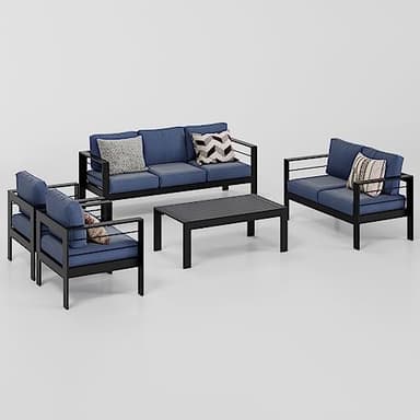 Wisteria Lane Aluminum Outdoor Patio Furniture Set, 7 Seats Modern Patio Conversation Sets, Outdoor Sectional Metal Sofa with 5 Inch Cushion and Coffee Table for Garden, Black Frame and Blue Cushion - Image 8