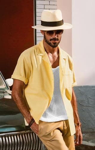 PJ PAUL JONES Cuban Shirts for Men Short Sleeve Button Down Untuckit Shirts for Summer Beach Camp Light Yellow S - Image 3