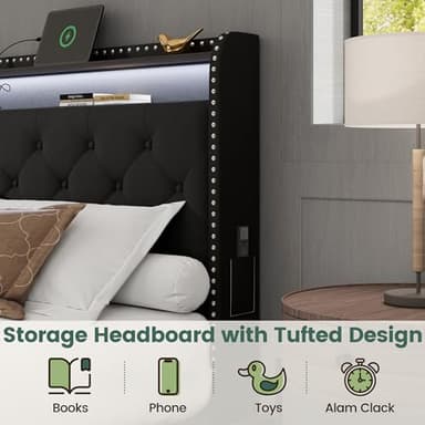 LARMACE King Size Bed Frame with 4 Storage Drawers Velvet Upholstered Tufted Bed Frame King Platform with LED Lights&USB Type-C Charging Station,Heavy Duty/No Box Spring Needed, Easy Assembly,Black - Image 8