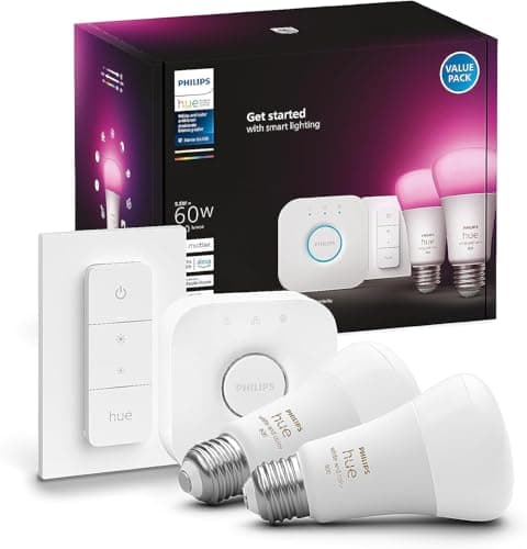 Philips Hue Smart Light Starter Kit - Includes (1) Bridge, (1) Dimmer Switch and (2) A19 LED Bulbs - White and Color Ambiance Color-Changing Light - 800LM - E26 - Control with App or Voice Assistant - Image 1
