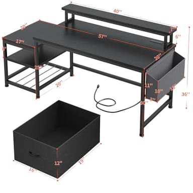 EnHomee 57" Computer Desk with Drawers and Printer Space,Office Desk with Power Outlets,Home Office Desks with File Drawers Cabinet,Study Writing and Gaming Desk with Shelves Monitor Stand,Black - Image 2