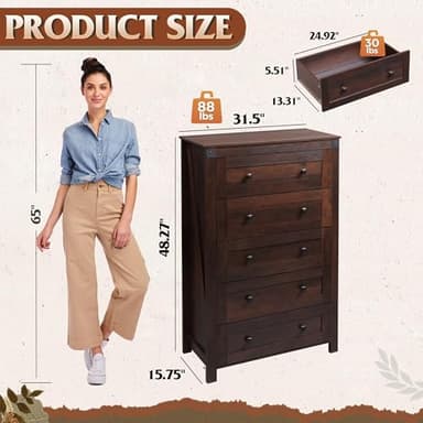 WLIVE Farmhouse Brown Dresser for Bedroom, 5 Drawer Dresser Storage Organizer, Tall Wood Dressers with Double Rustic Handle, Chest of Drawers for Living Room, Hallway, Closet - Image 3