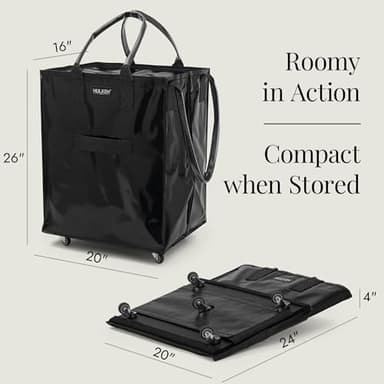 HULKEN - Large, Black - Reusable Grocery Bag On Wheels, Shopping Trolley, Rolling Tote, Zipper Closure, Lightweight, Carries Up to 66 lb & Fits 5 Grocery Bags, Folds Flat, Unbreakable Handles - Image 4