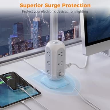 Tower Power Strip Flat Plug with 11 Outlets 3 USB (1 USB C), TESSAN Surge Protector Tower 1625W/13A,1050J Protection, 6 Feet Extension Cord with Multiple Outlets, Office Desk Supplies, Dorm Essentials - Image 4