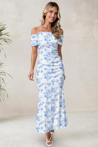 LUXVEER Women's Mesh Floral Dress 2025 Summer Off Shoulder Ruched Bodycon Long Maxi Fitted Night Out Wedding Guestes Dresses Blue - Image 7