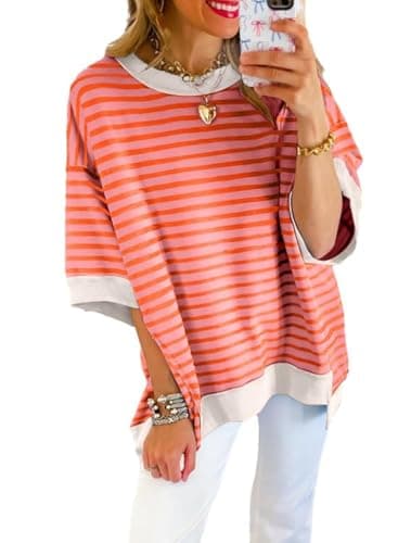 SHEWIN Womens T Shirts Crewneck Short Sleeve Summer Tops Loose Color Block Sweatshirt Knitted Top Blouses Dressy Casual Fall Tops for Women Trendy Orange Stripe S - Image 1