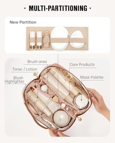 EACHY Travel Makeup Bag, Large Capacity Cosmetic Bags for Women, Waterproof Portable Open Flat Toiletry Bag Make up Bag with Divider and Handle, Gifts for Women (Large-Brown, Large) - Image 2