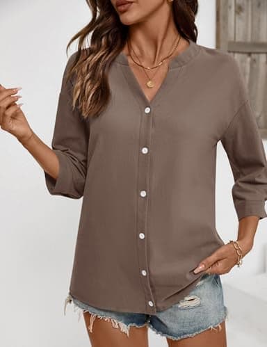 LOMON 3/4 Sleeve Womens Tops V Neck Button Down Shirts Casual Loose 3/4 Length Sleeve Blouse Dark Grey Brown XXL - Image 5