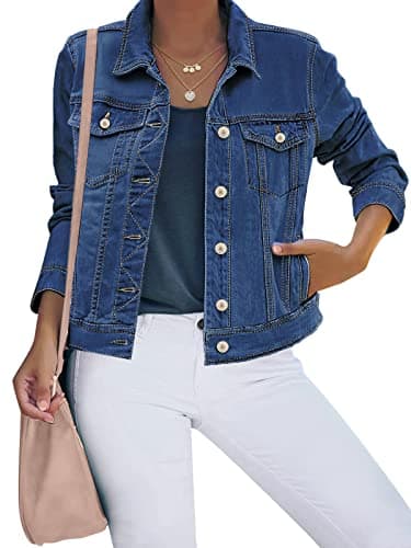 luvamia Women's Casual Basic Button Down Stretch Regular Fit Long Sleeves Denim Jean Jacket Womens Bomber Jacket Spring Jackets For Women 2024 Nightfall Blue Size Large Fits Size 12 / Size 14 - Image 1