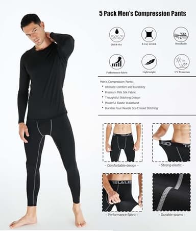 TELALEO 5 Pack Men's Compression Pants for Workout, Running,Basketball,Football-Sports Baselayer Leggings M - Image 5