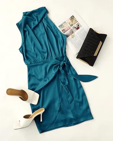 ZESICA Women's 2025 Fashion Satin Sleeveless Halter Neck Tie Waist Wrap Bodycon Cocktail Party Mini Dress,Teal,Medium - Image 5