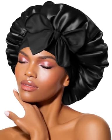BONNET QUEEN Silk Bonnet for Sleeping Women Satin Bonnet Night Sleep Cap Hair Wrap for All Hair with Adjustable Tie Band,Black - Image 1