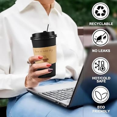 Clawsoff 100 Pack 16 oz Coffee Cups with Lids, Disposable To Go Paper Coffee Cups with Sleeves and Stirring Sticks for Hot/Cold Drinks Office Home Shop Event (Black) - Image 5