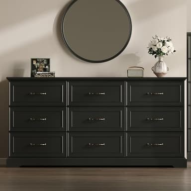 Farmhouse 9 Drawers Dresser for Bedroom, 63" Wide Modern Chest of Drawers with Deep Drawers & Bar Handles, Rustic Wood Dresser TV Stand, Wooden Closet Storage Organizer for Living Room, Hallway, Black - Image 3