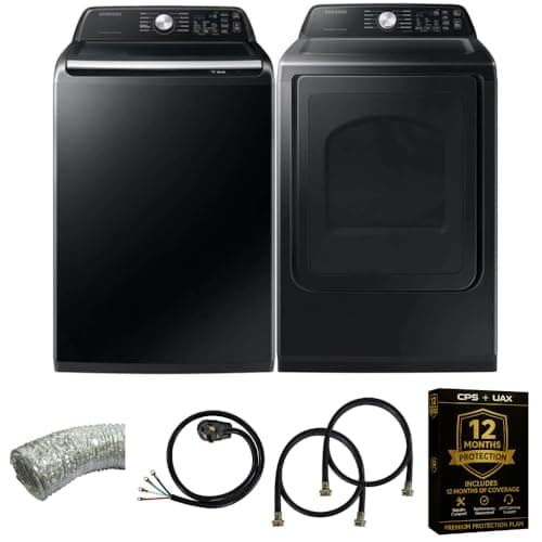 Samsung Smart 4.7 Cu Ft Top Load Washer & 7.4 Cu Ft Electric Dryer, Sensor Stops Overdrying, Low Vibration Quiet Wash, WaterJet w/Power Cords, Hoses, Vent Duct, 1 Year CPS Protection Bundle (Black) - Image 1